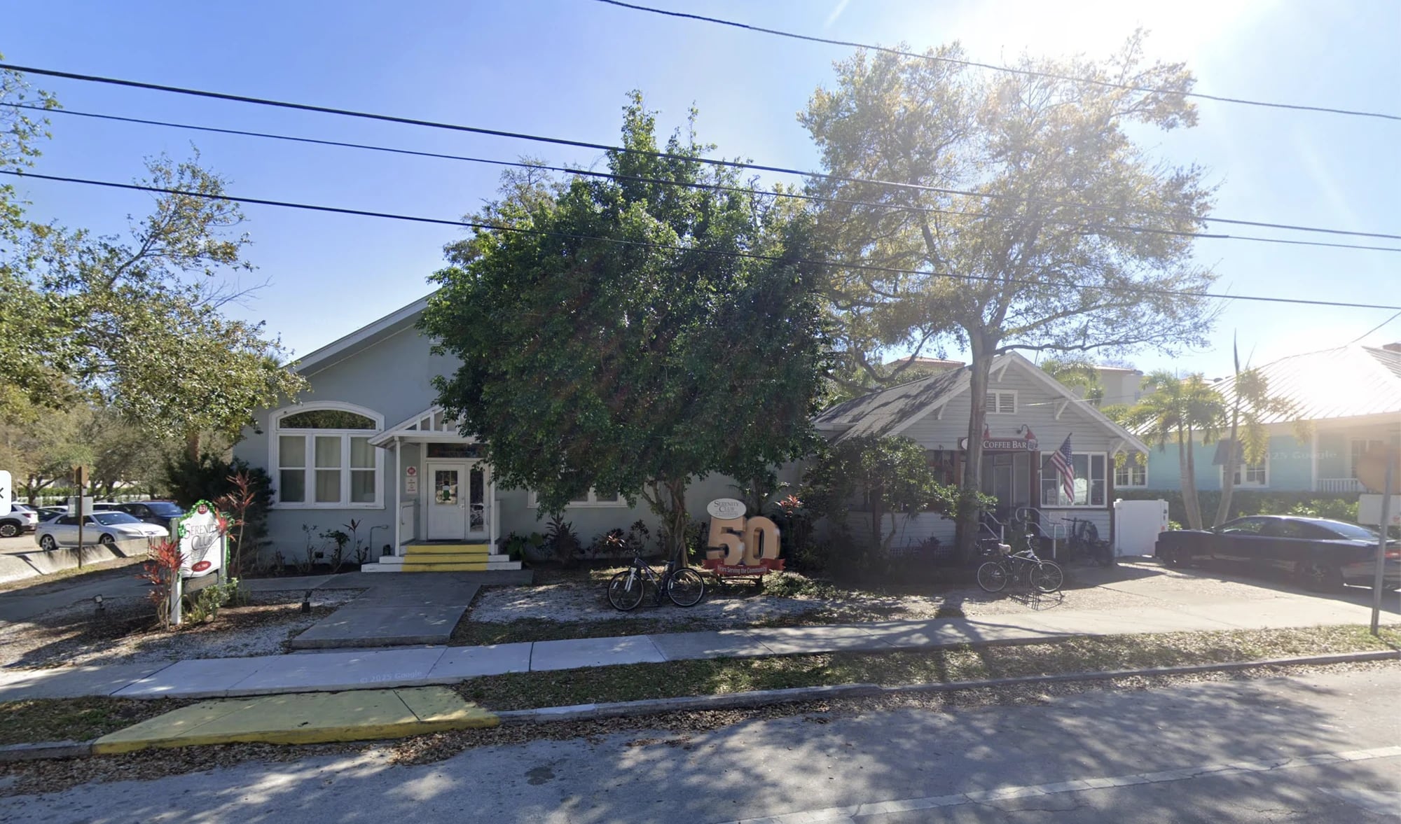 Serenity Club as seen from Turner Street: the main entrance is on the left and the porch and coffee bar entrance are on the right